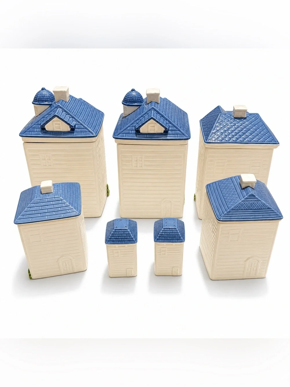 Vintage 1988 Hearth & Home Ceramic House Canister Set Blue Pink 7 Piece Kitchen